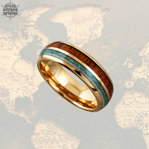 Image of 18K Rose Gold Mens Turquoise Ring Wood Wedding Band Deer Antler Ring, Unique Koa Wood Ring Mens Wedding Band Tungsten Ring with Antler Inlay - Atlas Artisan Designs