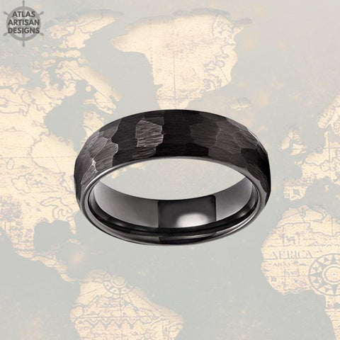 Image of 6mm Black Hammered Ring Womens Wedding Band Tungsten Ring, Mens Wedding Band Viking Ring, Couples Ring Set Unique Wedding Ring for Couples - Atlas Artisan Designs