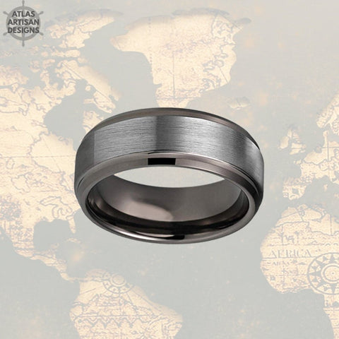 Image of Step Edges Gunmetal Ring Mens Wedding Band Tungsten Ring, Male Wedding Band Silver Couples Ring Set Tungsten Wedding Band Mens Promise Ring - Atlas Artisan Designs