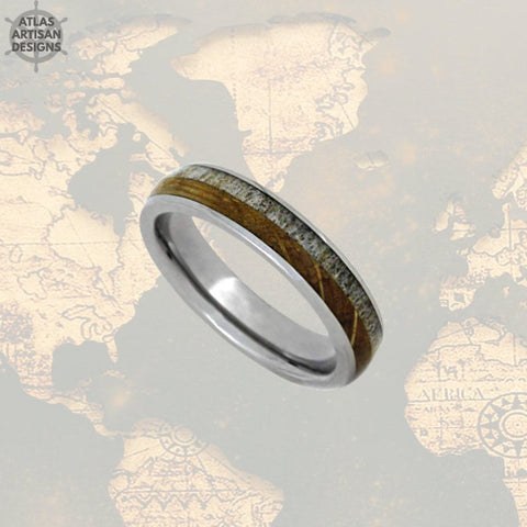 Image of 6mm Whiskey Barrel Ring Mens Wedding Band Tungsten Ring Deer Antler Ring Tungsten Wedding Band Mens Ring, Wood Wedding Band Mens Nature Ring - Atlas Artisan Designs