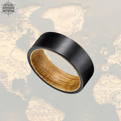 Image of Mens Whiskey Barrel Ring, 8mm Mens Wedding Band Wood Ring, Black Tungsten Wedding Band Mens Ring, Whiskey Barrel Wood Inlay Ring Wooden Ring - Atlas Artisan Designs