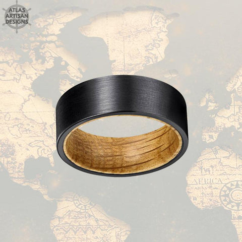Image of Mens Whiskey Barrel Ring, 8mm Mens Wedding Band Wood Ring, Black Tungsten Wedding Band Mens Ring, Whiskey Barrel Wood Inlay Ring Wooden Ring - Atlas Artisan Designs