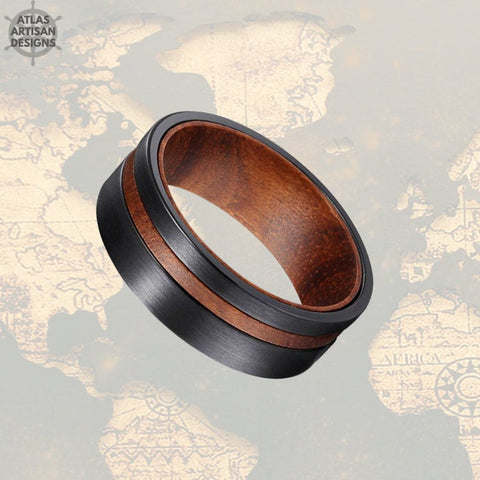Image of Rose Wood Ring Mens Wedding Band Tungsten Ring with Offset Groove, 8mm Black Tungsten Wedding Band Mens Ring, Unique Wood Wedding Band - Atlas Artisan Designs