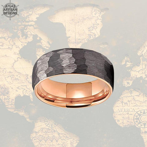 Image of Rose Gold Ring Mens Wedding Band Tungsten Ring, 8mm Silver Hammered Ring Couples Ring Set Viking Ring, Rose Gold Wedding Bands Womens Ring - Atlas Artisan Designs