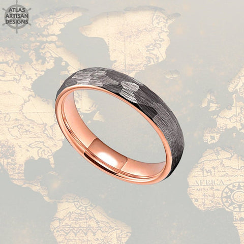 Image of Thin Rose Gold Ring Womens Wedding Band Tungsten Ring, 6mm Hammered Ring, 18K Rose Gold Wedding Band Mens Ring Norse Ring, Couples Ring Set - Atlas Artisan Designs