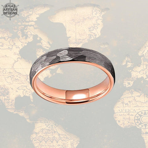 Image of Thin Rose Gold Ring Womens Wedding Band Tungsten Ring, 6mm Hammered Ring, 18K Rose Gold Wedding Band Mens Ring Norse Ring, Couples Ring Set - Atlas Artisan Designs