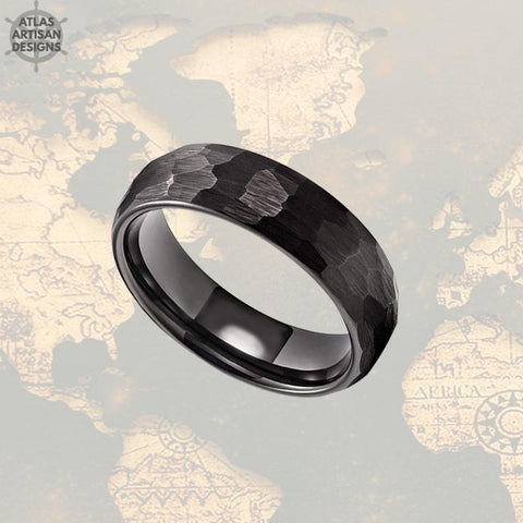 Image of 6mm Black Hammered Ring Womens Wedding Band Tungsten Ring, Mens Wedding Band Viking Ring, Couples Ring Set Unique Wedding Ring for Couples - Atlas Artisan Designs