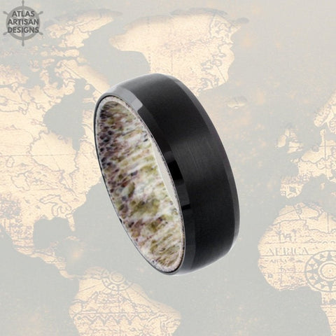 Image of Deer Antler Ring Mens Wedding Band with Beveled Edges, Tungsten Wedding Band Mens Ring, 8mm Black Tungsten Ring for Him, Unique Wedding Ring - Atlas Artisan Designs