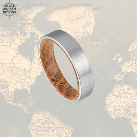 Image of 6mm Whiskey Barrel Ring Silver Tungsten Wedding Band Mens Ring, Comfort Fit Unique Mens Wedding Band Wood Ring, Whiskey Wooden Ring for Men - Atlas Artisan Designs