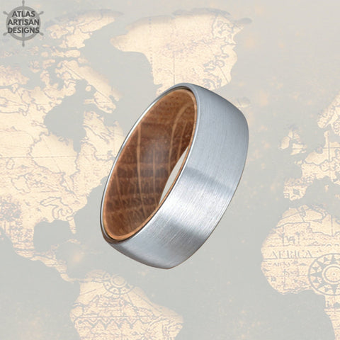 Image of Unique Mens Wedding Band Wood Ring, 8mm Tungsten Carbide Whiskey Barrel Ring Silver Tungsten Wedding Band Mens Ring, Whiskey Wooden Ring - Atlas Artisan Designs