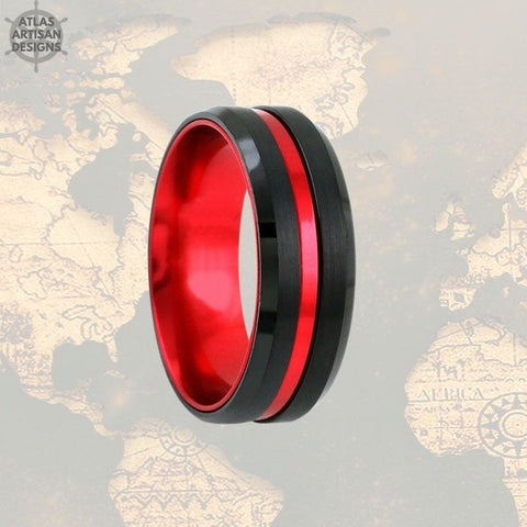 Image of Red & Black Tungsten Ring Mens Wedding Band, Thin Red Line Gifts, Mens Promise Ring, Tungsten Wedding Band Mens Ring, Firefighter Gift - Atlas Artisan Designs