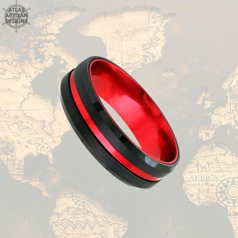 Image of 6mm Tungsten Wedding Band Mens Ring, Black & Red Tungsten Ring Mens Wedding Band, Thin Red Line Gifts, Firefighter Gift Unique Couples Ring - Atlas Artisan Designs