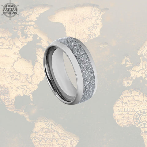 Image of 8mm Meteorite Ring Mens Wedding Band, Tungsten Ring Meteorite Jewelry, Meteorite Wedding Bands Womens & Mens Ring, Silver Meteorite Rings - Atlas Artisan Designs