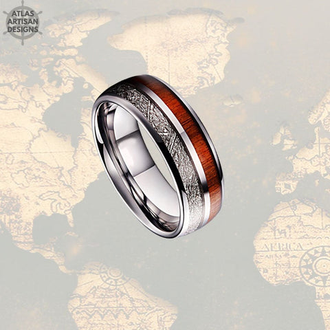 Image of Meteorite Ring Mens Wedding Band Koa Wood Ring, Wood Wedding Band Mens Ring, Silver Tungsten Ring, Unique Meteorite Wedding Rings for Him - Atlas Artisan Designs