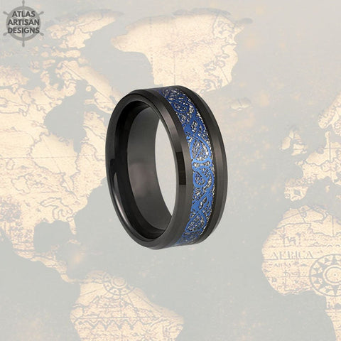 Image of Viking Wedding Band Mens Ring, Blue Meteorite Ring with Celtic Inlay, Black Dragon Ring Mens Wedding Band Celtic Ring, Tungsten Viking Ring - Atlas Artisan Designs