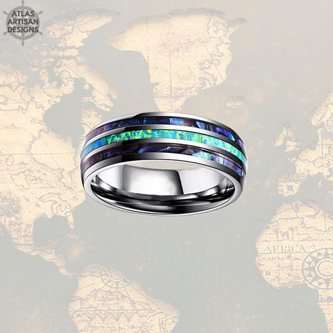 Image of Opal & Abalone Ring Mens Wedding Band, Green Opal Ring Tungsten Wedding Band Mens Ring, Abalone Shell Ring, Opal Wedding Bands Womens Ring - Atlas Artisan Designs