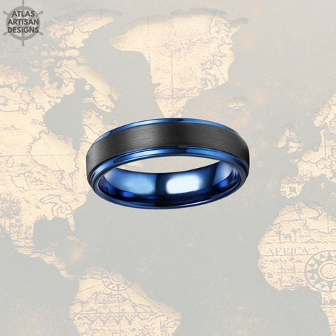 Image of Unique Mens Wedding Band 6mm Tungsten Wedding Band Mens Ring, Blue Tungsten Ring, Thin Blue Line Gifts Police Officer Gift Thin Wedding Ring - Atlas Artisan Designs