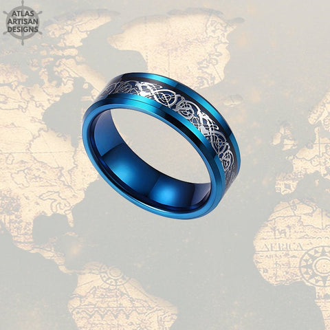 Image of Viking Wedding Ring Mens Tungsten Ring, 8mm Blue Dragon Ring Mens Wedding Band Celtic Ring, Promise Ring, Tungsten Wedding Band Mens Ring - Atlas Artisan Designs
