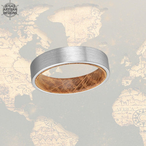 Image of 6mm Whiskey Barrel Ring Silver Tungsten Wedding Band Mens Ring, Comfort Fit Unique Mens Wedding Band Wood Ring, Whiskey Wooden Ring for Men - Atlas Artisan Designs