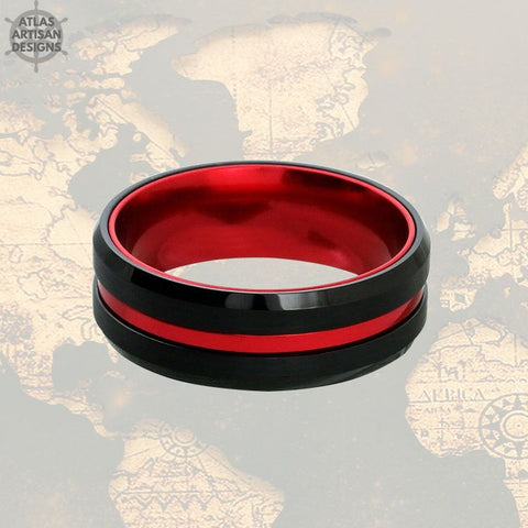 Image of Red & Black Tungsten Ring Mens Wedding Band, Thin Red Line Gifts, Mens Promise Ring, Tungsten Wedding Band Mens Ring, Firefighter Gift - Atlas Artisan Designs