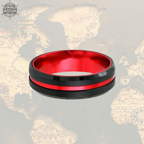 Image of 6mm Tungsten Wedding Band Mens Ring, Black & Red Tungsten Ring Mens Wedding Band, Thin Red Line Gifts, Firefighter Gift Unique Couples Ring - Atlas Artisan Designs