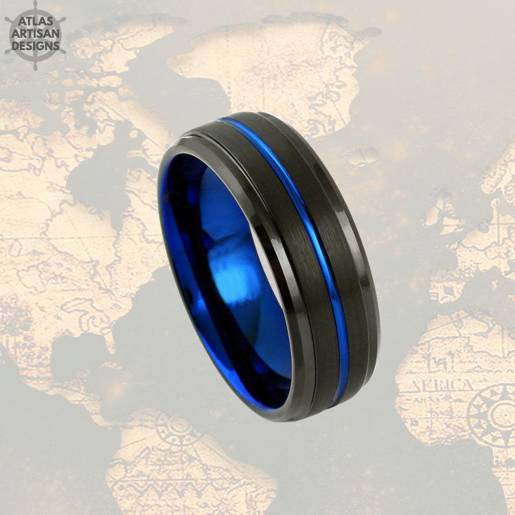 Black & Blue Tungsten Ring Mens Wedding Band, Thin Blue Line Gifts Mens Promise Ring, Tungsten Wedding Band Mens Ring, Police Officer Gifts - Atlas Artisan Designs
