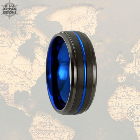 Image of Black & Blue Tungsten Ring Mens Wedding Band, Thin Blue Line Gifts Mens Promise Ring, Tungsten Wedding Band Mens Ring, Police Officer Gifts - Atlas Artisan Designs