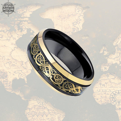 Image of Black Viking Wedding Ring Mens Tungsten Ring, Dragon Ring Mens Wedding Band Celtic Ring Yellow Gold Ring, Tungsten Wedding Band Mens Ring - Atlas Artisan Designs
