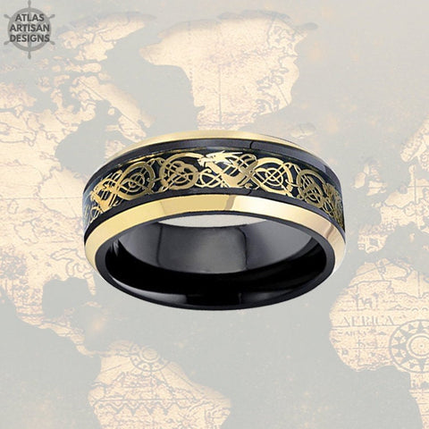 Image of Black Viking Wedding Ring Mens Tungsten Ring, Dragon Ring Mens Wedding Band Celtic Ring Yellow Gold Ring, Tungsten Wedding Band Mens Ring - Atlas Artisan Designs