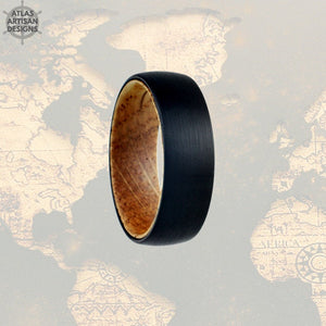 Black Whiskey Barrel Ring Unique Wooden Ring - Whiskey Wood Ring Mens Wedding Band Tungsten Ring - Atlas Artisan Designs