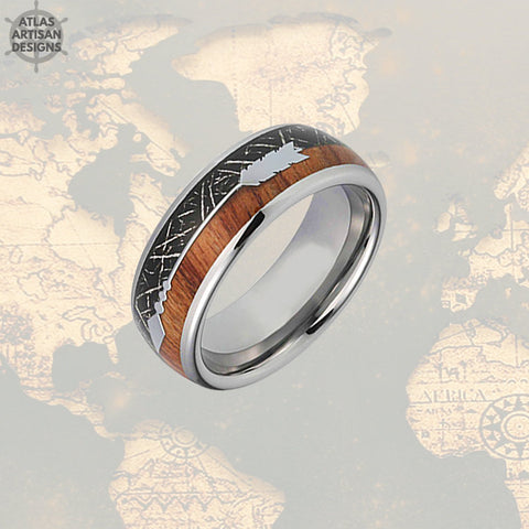 Image of Meteorite Ring with Koa Wood Inlay, Wood Wedding Band, 5th Anniversary Ring Unique Mens Ring, Koa Wood Ring, Tungsten Wedding Band Mens Ring - Atlas Artisan Designs