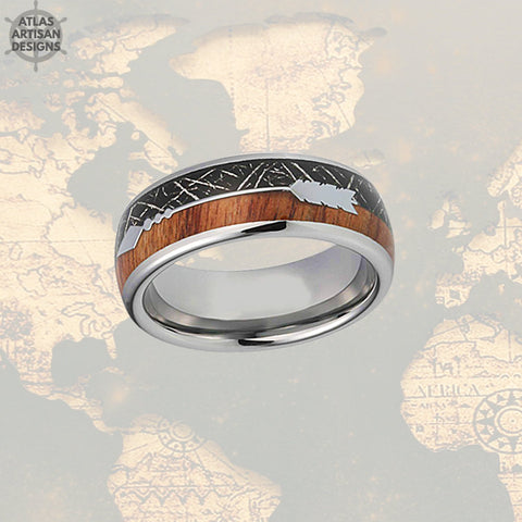 Image of Meteorite Ring with Koa Wood Inlay, Wood Wedding Band, 5th Anniversary Ring Unique Mens Ring, Koa Wood Ring, Tungsten Wedding Band Mens Ring - Atlas Artisan Designs