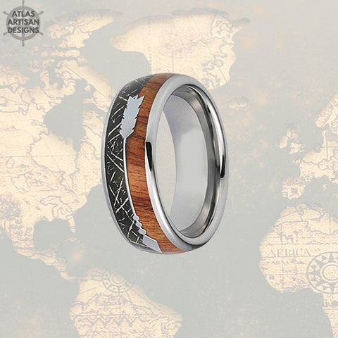 Image of Meteorite Ring with Koa Wood Inlay, Wood Wedding Band, 5th Anniversary Ring Unique Mens Ring, Koa Wood Ring, Tungsten Wedding Band Mens Ring - Atlas Artisan Designs