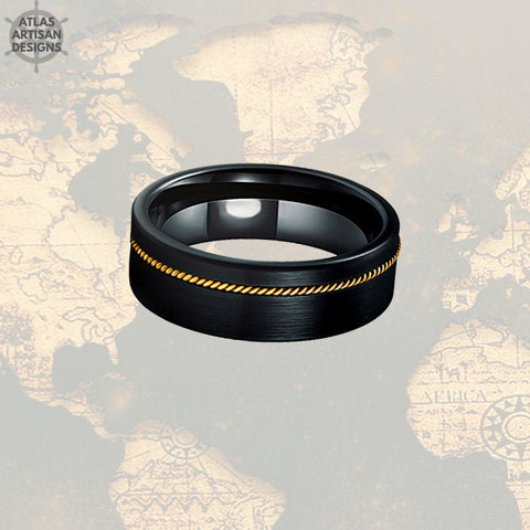 Image of 8mm Black Guitar String Ring, Unique Mens Wedding Band Guitar String Inlay, Tungsten Wedding Band Mens Ring, Guitar Jewelry, Guitar Ring - Atlas Artisan Designs