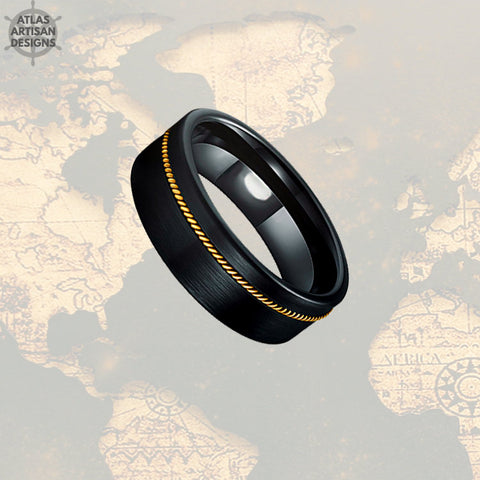 Image of 8mm Black Guitar String Ring, Unique Mens Wedding Band Guitar String Inlay, Tungsten Wedding Band Mens Ring, Guitar Jewelry, Guitar Ring - Atlas Artisan Designs