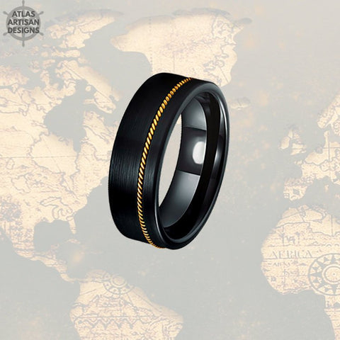 Image of 8mm Black Guitar String Ring, Unique Mens Wedding Band Guitar String Inlay, Tungsten Wedding Band Mens Ring, Guitar Jewelry, Guitar Ring - Atlas Artisan Designs