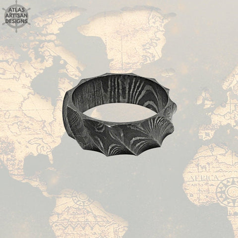 Image of Damascus Steel Ring Mens Wedding Band Rustic Mens Ring, Damascus Ring, Cool Mens Rings, Hammered Damascus Ring, Wave Ring, Unique Mens Ring - Atlas Artisan Designs
