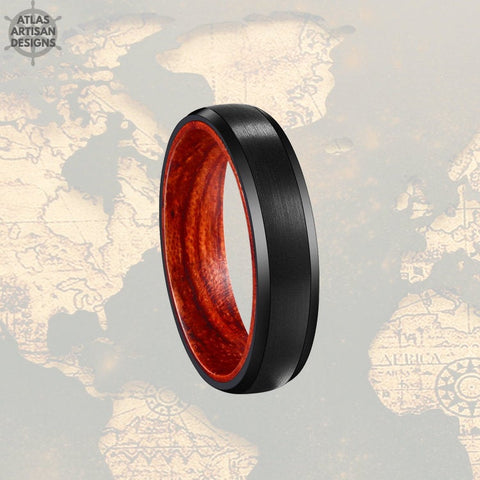 Image of 6mm Red Wood Ring Tungsten Wedding Band Mens Ring, Black Tungsten Ring Beveled Edges, Wood Wedding Band, Rustic Wooden Ring, Promise Ring - Atlas Artisan Designs