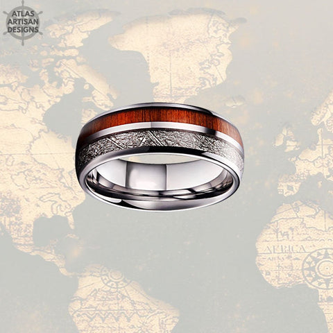 Image of Meteorite Ring Mens Wedding Band Koa Wood Ring, Wood Wedding Band Mens Ring, Silver Tungsten Ring, Unique Meteorite Wedding Rings for Him - Atlas Artisan Designs