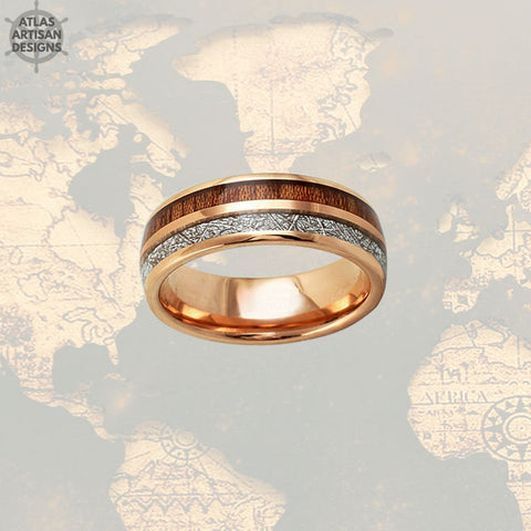 Image of Meteorite Rose Gold Ring Mens Wedding Band Koa Wood Ring, Wood Wedding Band Mens Ring, Rose Gold Meteorite Wedding Rings Unique Wood Rings - Atlas Artisan Designs