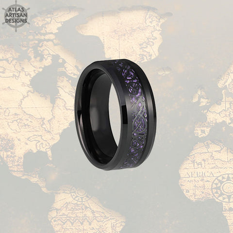 Image of Viking Wedding Ring Mens Purple Ring with Carbon Fiber Inlay, 8mm Black Dragon Ring Mens Wedding Band Celtic Ring, Promise Ring, Mens Ring - Atlas Artisan Designs