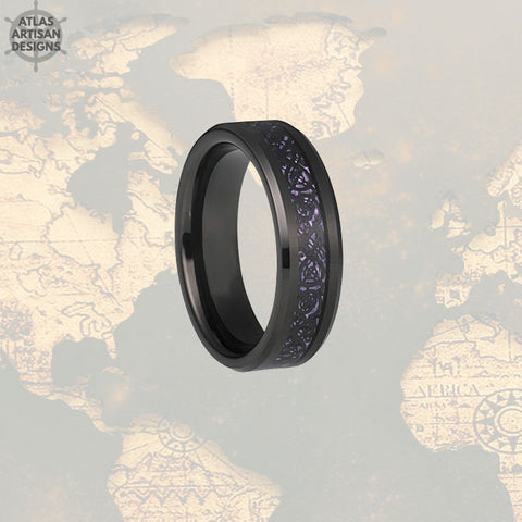 Image of 6mm Purple Ring with Carbon Fiber Inlay Viking Wedding Bands Womens Ring, Dragon Ring Mens Wedding Band Celtic Ring, Womens Wedding Band - Atlas Artisan Designs