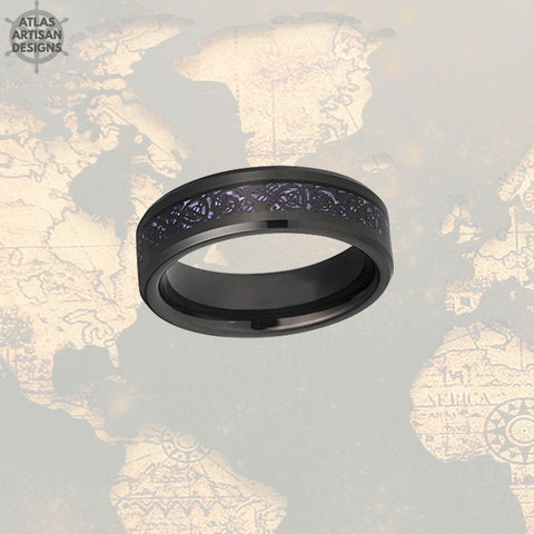 Image of 6mm Purple Ring with Carbon Fiber Inlay Viking Wedding Bands Womens Ring, Dragon Ring Mens Wedding Band Celtic Ring, Womens Wedding Band - Atlas Artisan Designs