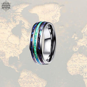 Green Opal Wedding Band Mens Ring, Blue Opal Ring Mens Wedding Band, Tungsten Wedding Bands Womens Abalone Shell Ring, Unique Abalone Ring - Atlas Artisan Designs