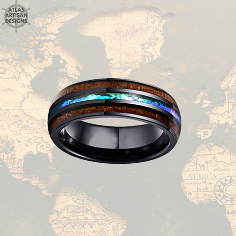Image of Unique Mens Wedding Band Opal Inlay Ring, Koa Wood Ring Tungsten Wedding Band Mens Ring, Black Mens Wood Ring, Wooden Ring, Blue Opal Ring - Atlas Artisan Designs