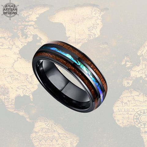 Image of Unique Mens Wedding Band Opal Inlay Ring, Koa Wood Ring Tungsten Wedding Band Mens Ring, Black Mens Wood Ring, Wooden Ring, Blue Opal Ring - Atlas Artisan Designs