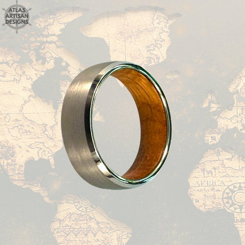 Image of Mens Wedding Band Wood Ring Silver Whiskey Barrel Ring, 8mm Whisky Barrel Ring Tungsten Whiskey Ring for Men, Wood Wedding Band Mens Ring - Atlas Artisan Designs