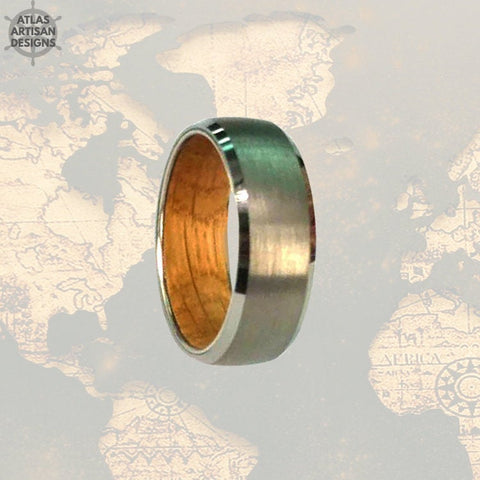 Image of Mens Wedding Band Wood Ring Silver Whiskey Barrel Ring, 8mm Whisky Barrel Ring Tungsten Whiskey Ring for Men, Wood Wedding Band Mens Ring - Atlas Artisan Designs