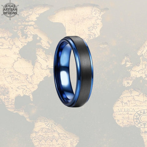 Image of Unique Mens Wedding Band 6mm Tungsten Wedding Band Mens Ring, Blue Tungsten Ring, Thin Blue Line Gifts Police Officer Gift Thin Wedding Ring - Atlas Artisan Designs