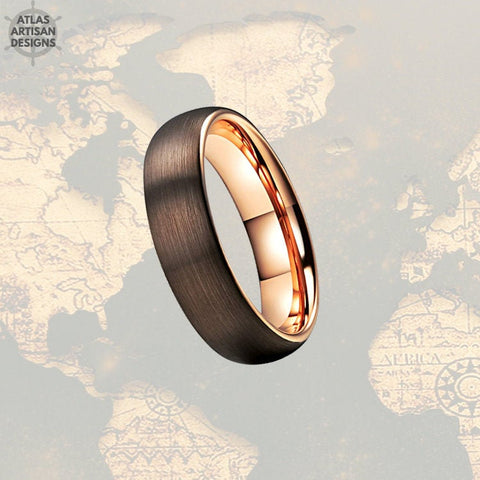 Image of Mocha Brown & Rose Gold Ring Mens Wedding Band, Brown Tungsten Wedding Band Mens Ring, Rose Gold Wedding Bands Womens Ring, Couples Ring - Atlas Artisan Designs